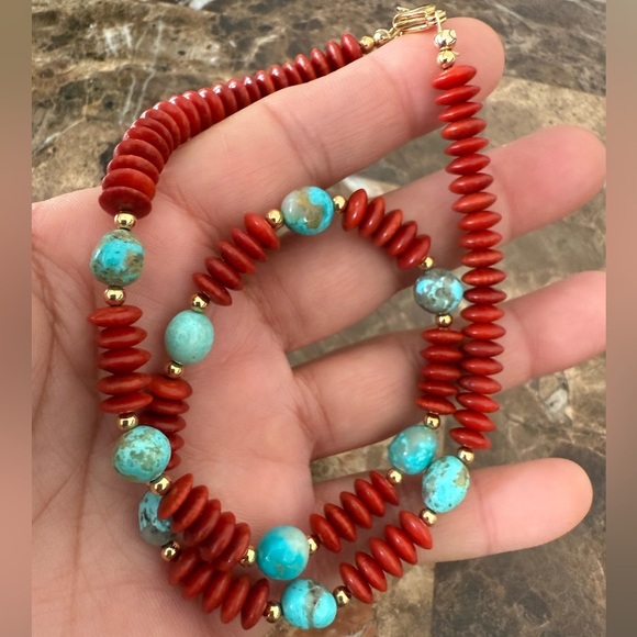 Coral and Kingman Turquoise Beaded Necklace - Picture 4 of 8